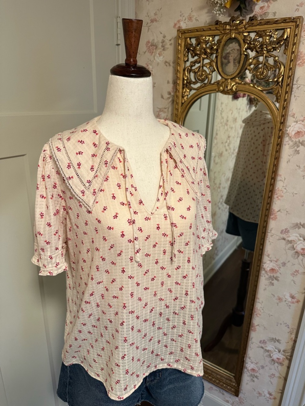 ba&sh Cream Blouse with Red Floral Print and Peter Pan Collar - Picture 5 of 14